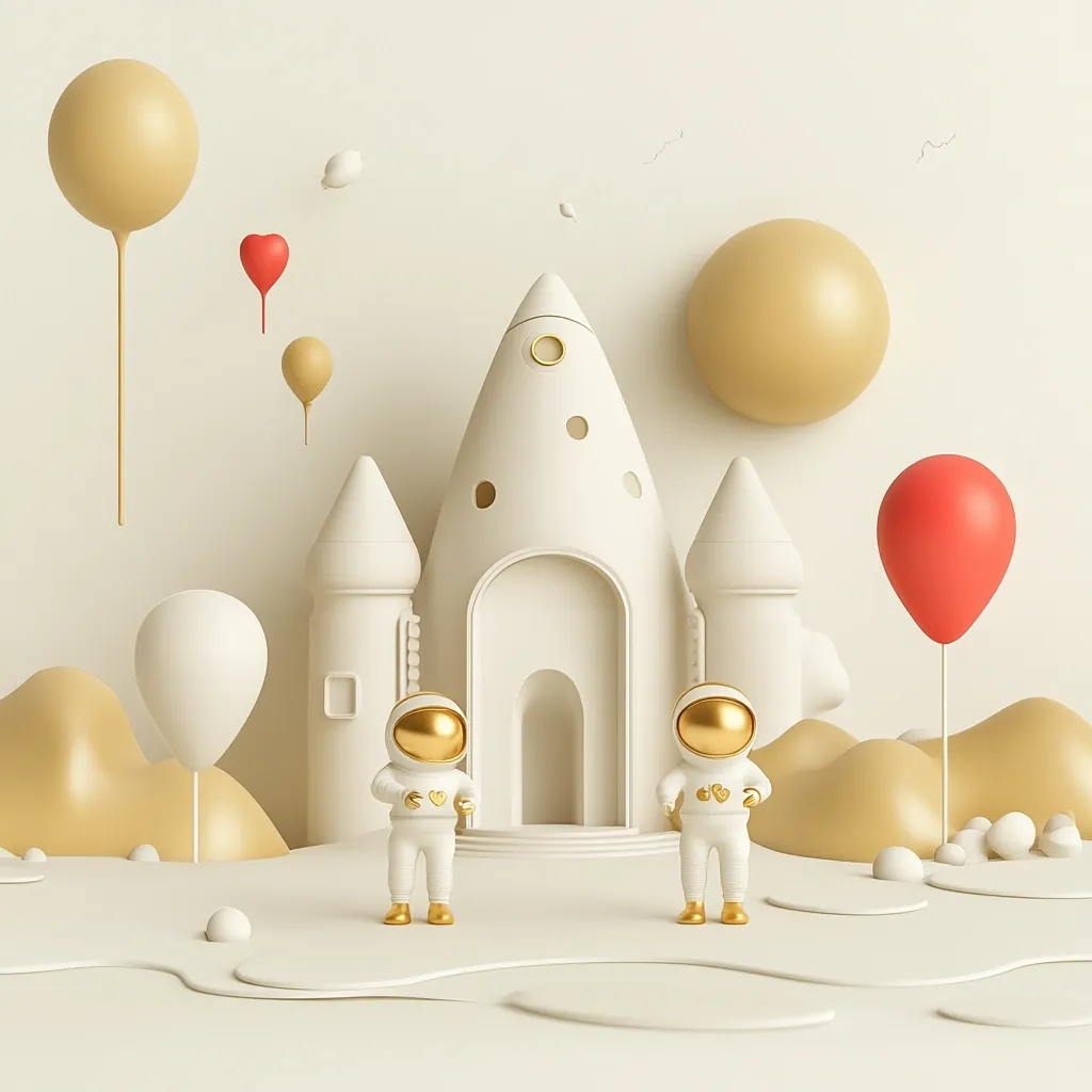 Two adorable astronauts in gold helmets stand before a whimsical, white rocket-shaped castle.  Pastel-colored balloons float in the air, adding to the dreamy atmosphere.  The scene is rendered in a soft, 3D style, with smooth curves and a calming color palette.  The overall aesthetic is sweet and charming, reminiscent of a children's storybook.