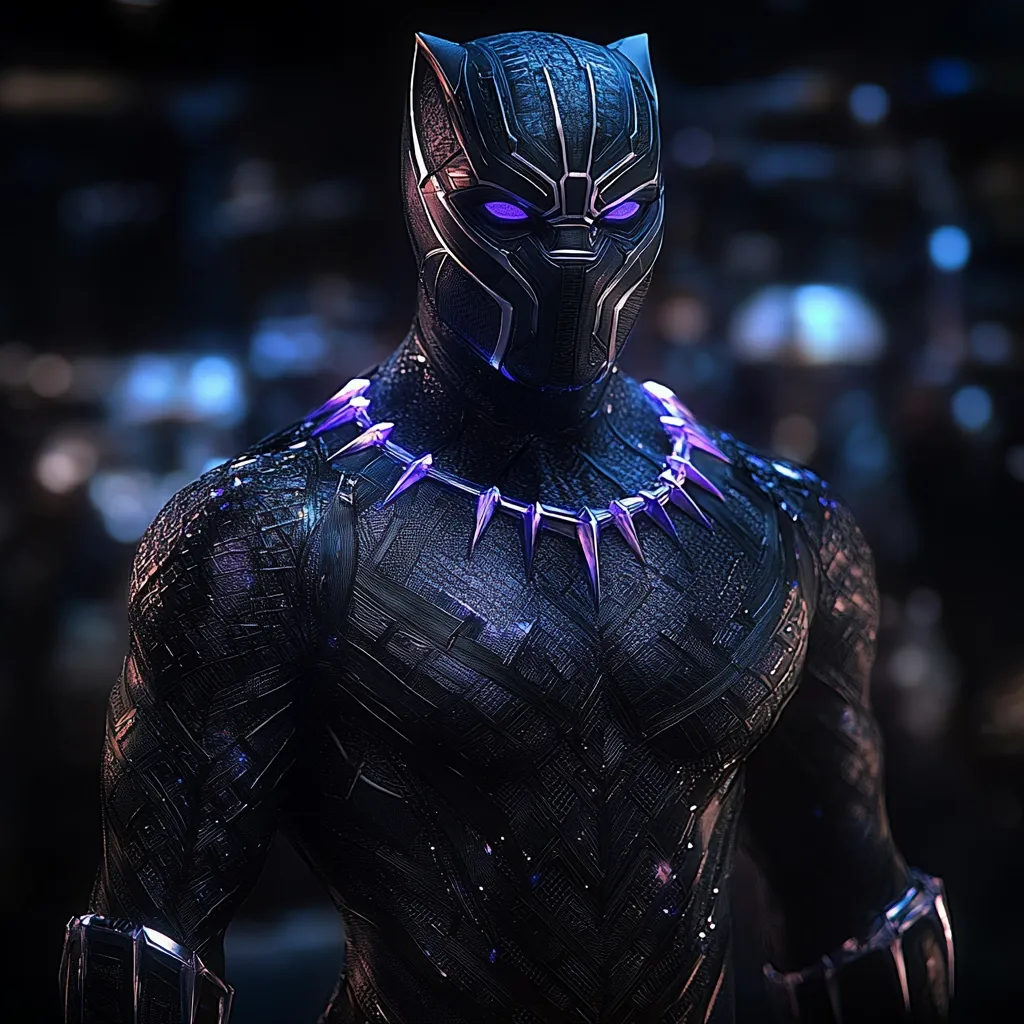 A striking digital rendering depicts the Black Panther, clad in a meticulously detailed, dark suit adorned with intricate, glowing purple accents.  His mask, sharp and imposing, features luminous purple eyes.  The vibranium-like texture of his suit is emphasized by subtle lighting effects, creating a powerful and visually arresting image.  He wears his signature necklace, completing the regal and fierce appearance.