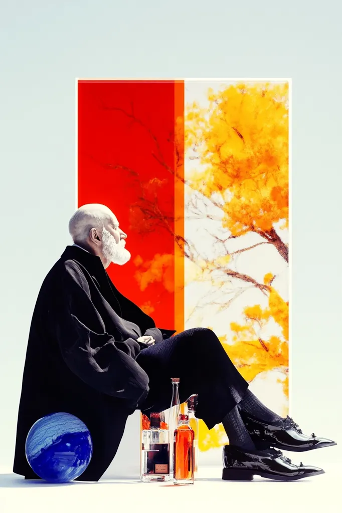An elderly man with white hair and beard sits in profile, dressed in black, against a large, vibrant artwork. The artwork is split, showing a bold red section and an image of a yellow tree on a white background.  He sits on a blue orb, with two bottles of liquor at his feet, exuding a sense of quiet contemplation.  His polished black shoes are sharply visible.  The overall aesthetic is one of sophisticated minimalism and artistic contrast.