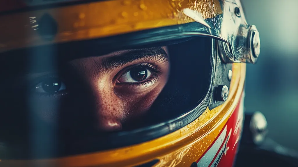 Close-up view of a race car driver's eyes peering from behind a yellow and red racing helmet.  Water droplets are visible on the helmet's surface. The driver's face is partially obscured by shadow, creating a dramatic and intense image.  The focus is sharp on the eyes, conveying determination and focus.