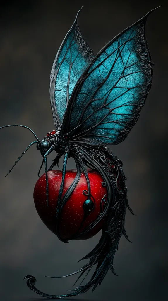 A dark, intricately detailed insect, resembling a butterfly with large, teal wings and black, ornate body, is depicted. It appears to be perched on a vibrant red apple, which is enveloped by the insect's body. The overall aesthetic is dark fantasy, with a gothic flair.  The image is sharply focused, highlighting the texture and detail of both the insect and the apple.