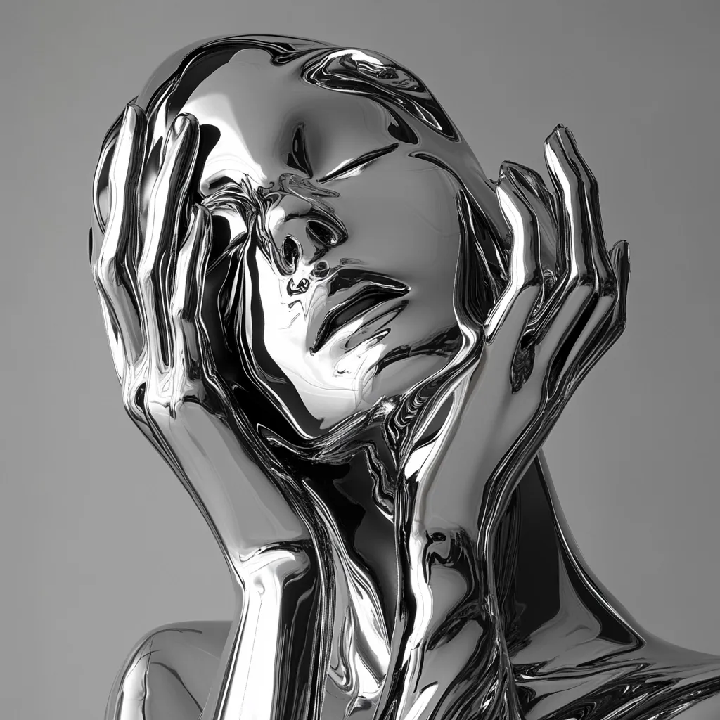 A captivating chrome sculpture depicts a woman's head and shoulders, her hands gently cradling her face. The highly polished surface reflects light, creating a mesmerizing interplay of highlights and shadows.  The fluid, almost melting form of the sculpture conveys a sense of both fragility and strength. The woman's eyes are closed, suggesting introspection or repose. The overall effect is one of elegant, otherworldly beauty.
