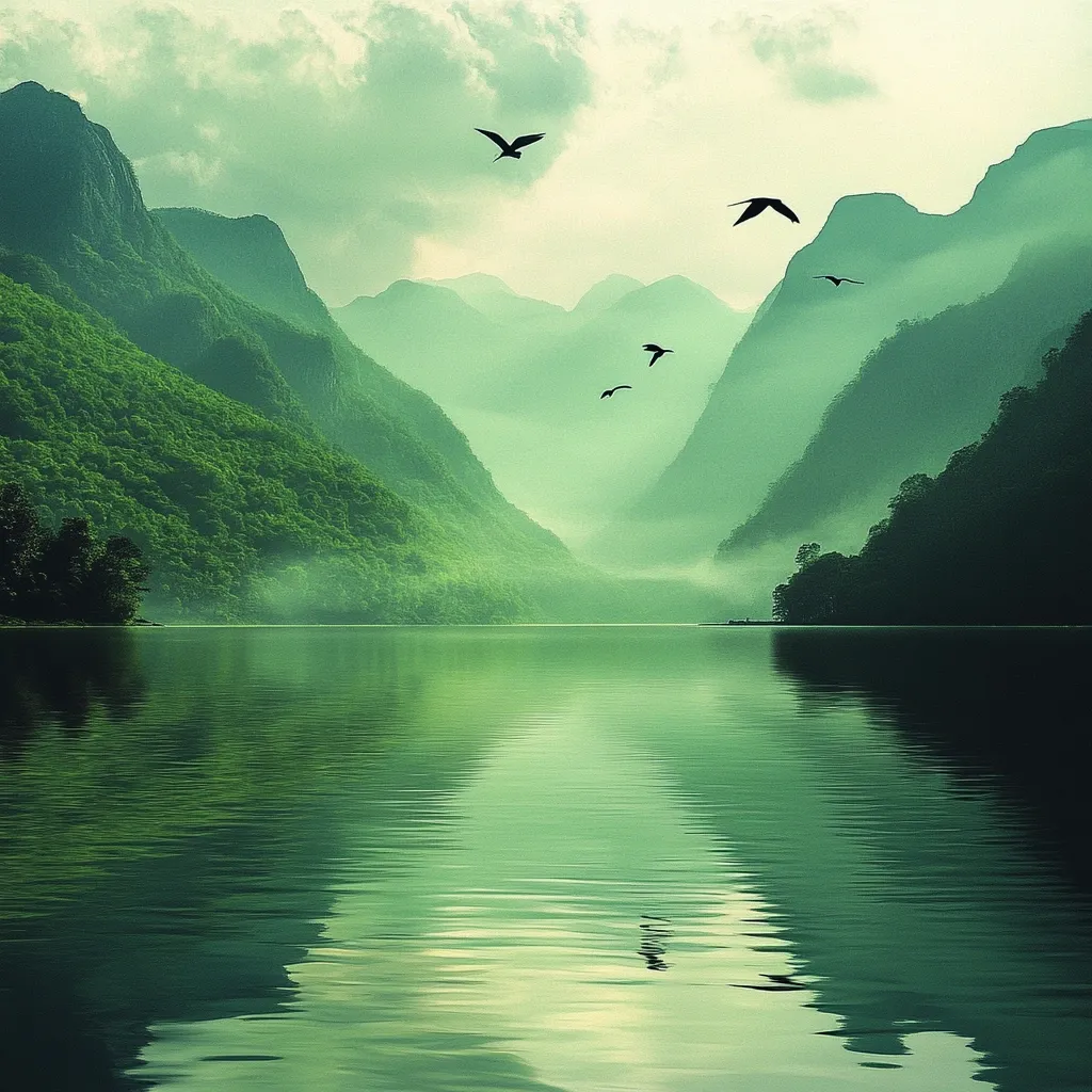 A serene landscape unfolds, showcasing a tranquil lake mirroring verdant mountains shrouded in mist.  Several birds gracefully soar across the sky, adding to the peaceful ambiance. The lush greenery and calm water create a picturesque scene of natural beauty and tranquility. The soft light enhances the overall serene atmosphere.