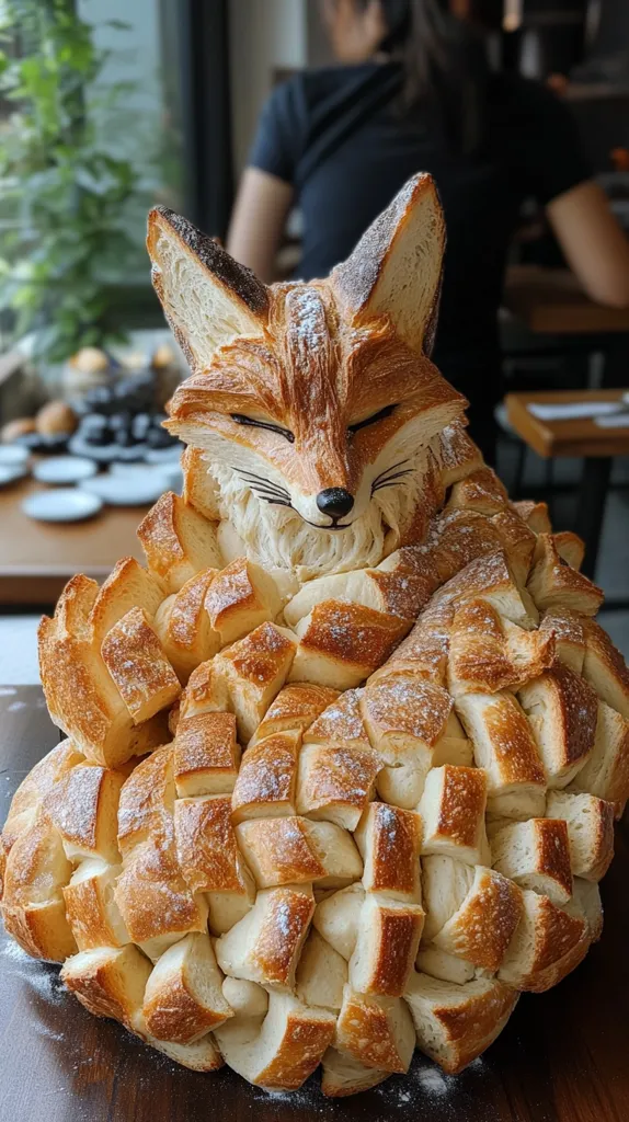 A meticulously crafted artisan bread shaped like a fox. The fox's head and ears are clearly defined, while its body is composed of numerous small, square-shaped bread pieces, intricately woven together.  A light dusting of flour adds to its rustic charm. The bread sits on a dark wooden surface, likely a table in a bakery or cafe.