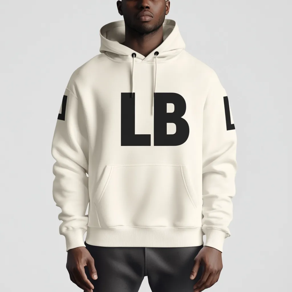 A model is showcasing a cream-colored hoodie.  The hoodie features a large, bold black "LB" printed on the chest.  Small, less prominent "L"s appear on each sleeve. The hoodie has a classic design with a kangaroo pocket and drawstring hood. The model is a dark-skinned man wearing black sweatpants.  The overall aesthetic is minimalist and stylish.
