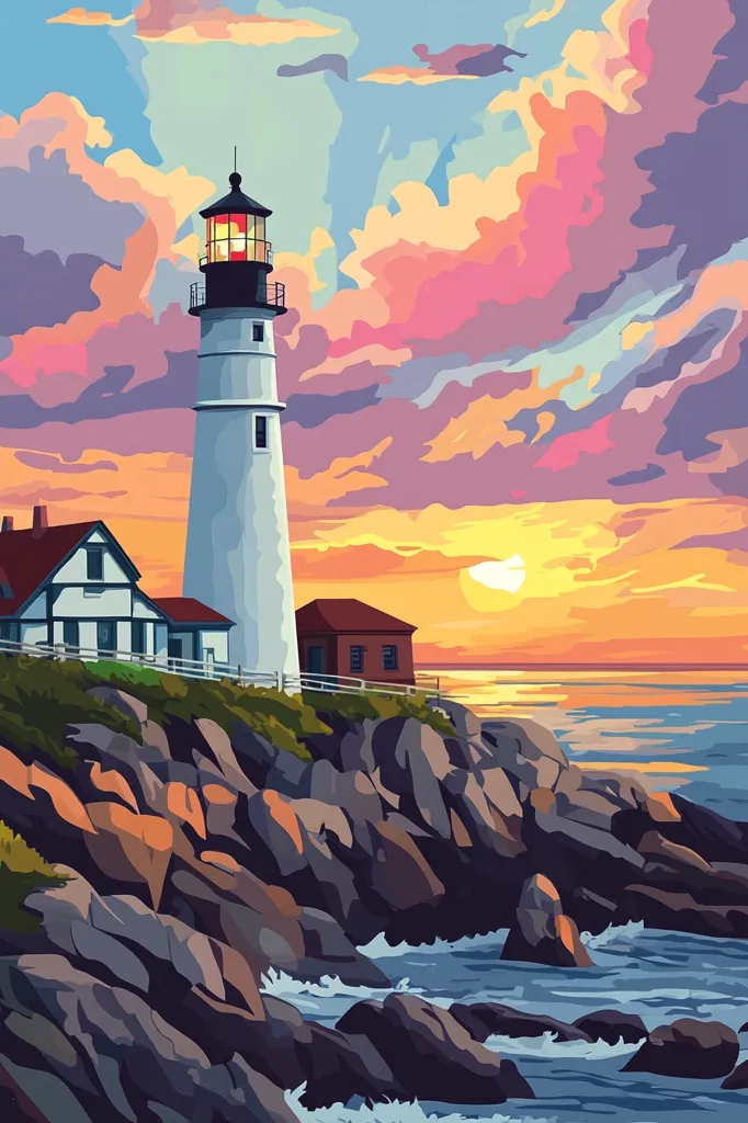 A picturesque lighthouse stands tall on a rocky coastline, its light glowing against a vibrant sunset sky.  Pastel hues paint the clouds, contrasting with the dark, rugged rocks crashing against the waves.  Smaller buildings nestle near the lighthouse, adding to the charming coastal scene. The overall style is painterly and evokes a sense of peace and tranquility.