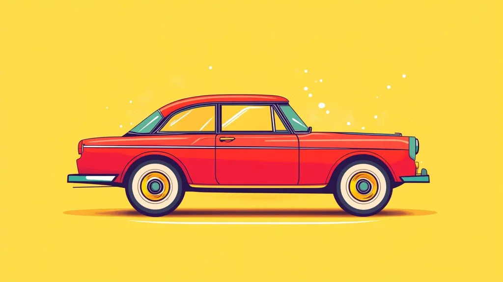 A vibrant illustration showcases a classic red coupe against a sunny yellow backdrop.  The car's design is simplistic yet stylish, with bold lines and retro-inspired wheels.  A few subtle sparkles add a touch of magic, enhancing the overall cheerful and nostalgic vibe. The image is clean and modern, ideal for various applications.