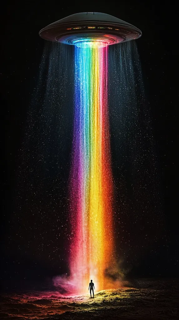 A lone figure stands on a dark, textured landscape, gazing at a vibrant, rainbow-colored beam of light emanating from a hovering UFO.  The beam cascades down, creating a mystical, otherworldly atmosphere against the backdrop of a star-studded night sky. The scene evokes a sense of wonder, mystery, and potential first contact.