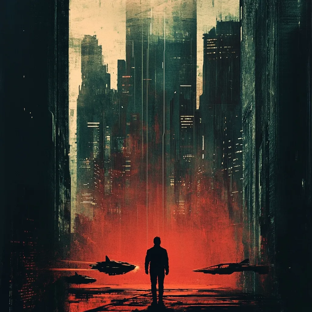 A lone figure stands silhouetted against a fiery red cityscape, two futuristic vehicles parked before him.  Tall, dark buildings loom on either side, creating a claustrophobic alleyway. The overall mood is dark, atmospheric, and suggestive of a dystopian or cyberpunk setting.  The artwork's style is painterly, with textured brushstrokes adding to its gritty aesthetic.
