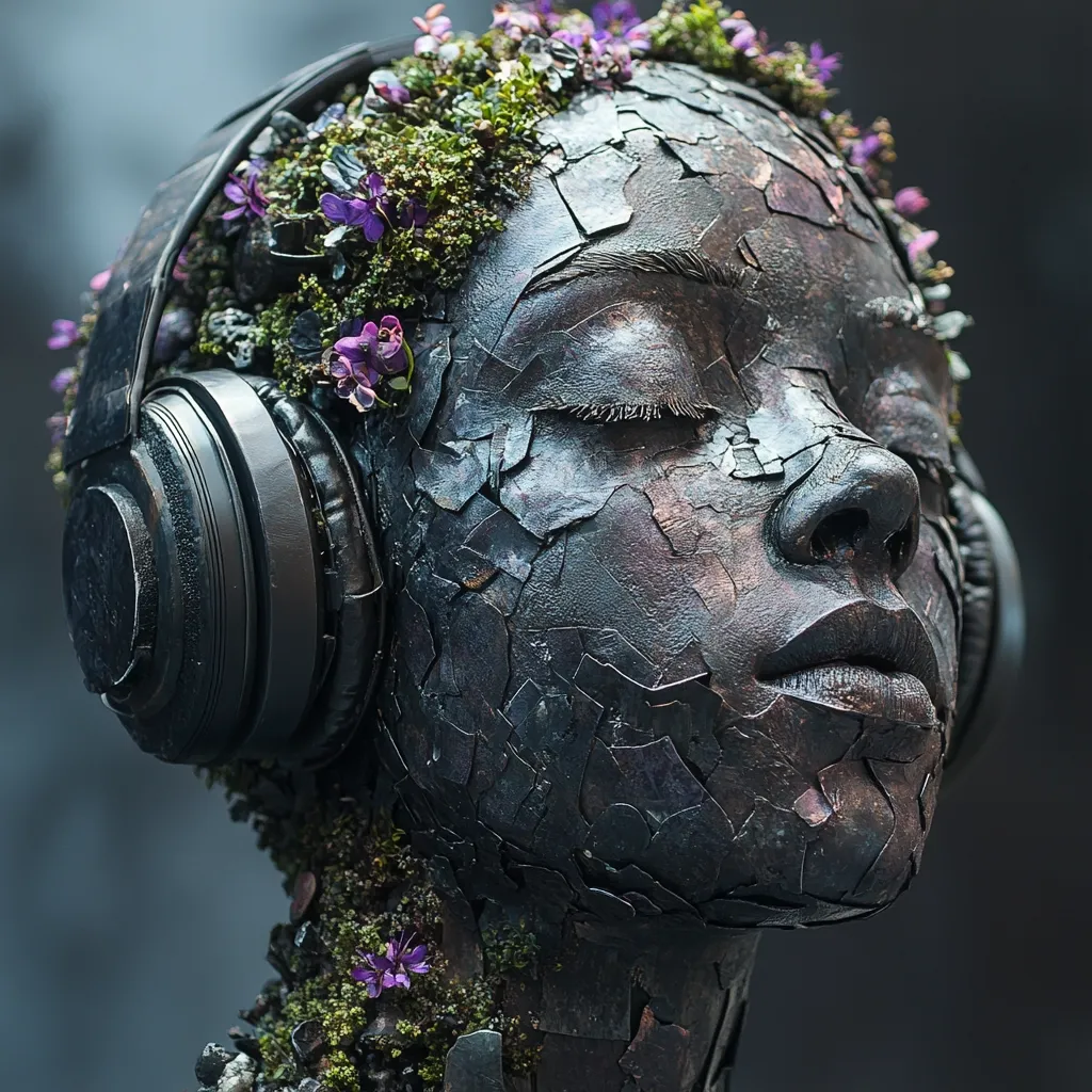 A close-up shot reveals a striking sculpture of a woman's head, crafted from dark, textured metal, resembling cracked earth.  Her eyes are closed serenely.  Purple flowers and moss sprout from the crevices in the metal, creating a contrast between nature and industrial materials.  Over-ear headphones rest on her head, adding to the intriguing juxtaposition of elements. The overall effect is one of peaceful contemplation.