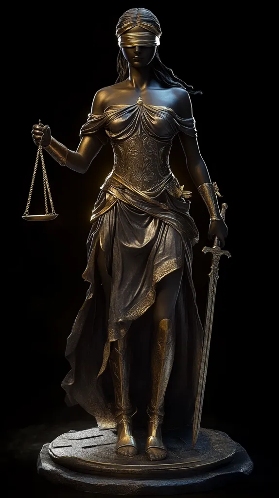 A bronze statue of Lady Justice, her eyes covered by a blindfold, stands on a dark circular base. She holds a scale in one hand and a sword in the other, symbolizing justice and power. Her flowing gown and armored legs create a striking contrast, emphasizing her strength and impartiality. The dark background accentuates the statue's rich metallic tones.  The intricate details of her attire and the dramatic lighting enhance the statue's majestic aura.