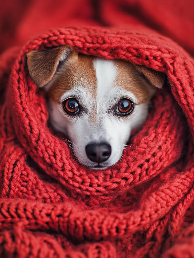 A small, white and brown dog with expressive eyes peeks out from a cozy, chunky red knitted scarf.  The dog's face is partially hidden, creating a sense of warmth and comfort. The rich red of the scarf contrasts beautifully with the dog's fur.  The overall image evokes feelings of winter coziness and snuggling.