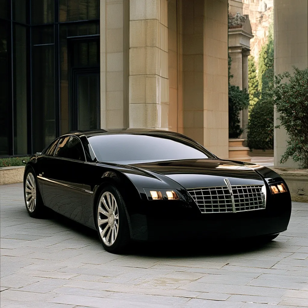 A sleek, black Lincoln concept car is parked in a sophisticated setting.  The vehicle's glossy finish and modern design are highlighted by its location between elegant pillars and a paved courtyard. The car's low profile and large wheels emphasize its luxurious and high-performance nature. The background suggests a wealthy or exclusive environment.
