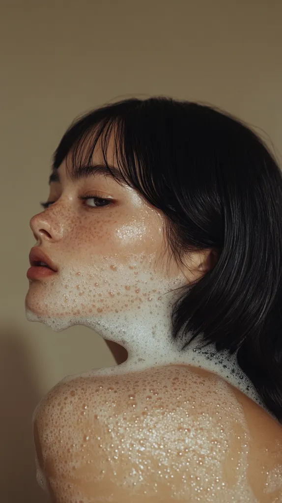 Close-up of a young woman with short, dark hair, covered in white lather.  Her face is partially obscured by the bubbles, revealing freckles and a soft expression. The image has a muted, earthy tone, focusing on the texture of the skin and foam.  The overall mood is serene and minimalist.
