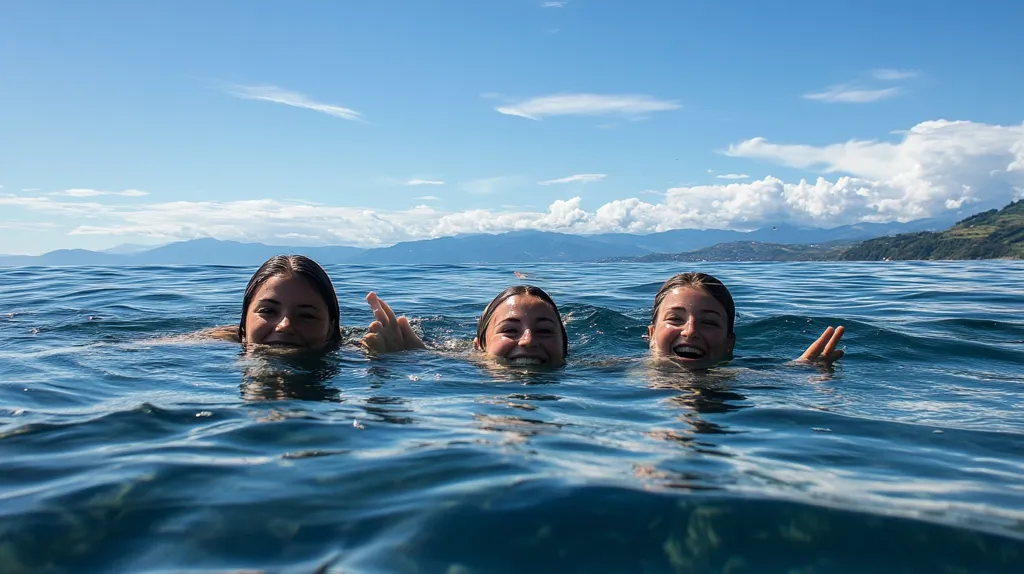 Three young women joyfully swim in a clear blue sea, their faces emerging above the water's surface.  They smile and gesture playfully, creating a lively scene against a backdrop of a calm ocean and distant mountains under a bright, sunny sky.  The water appears clean and inviting, suggesting a serene and fun-filled day at the beach.