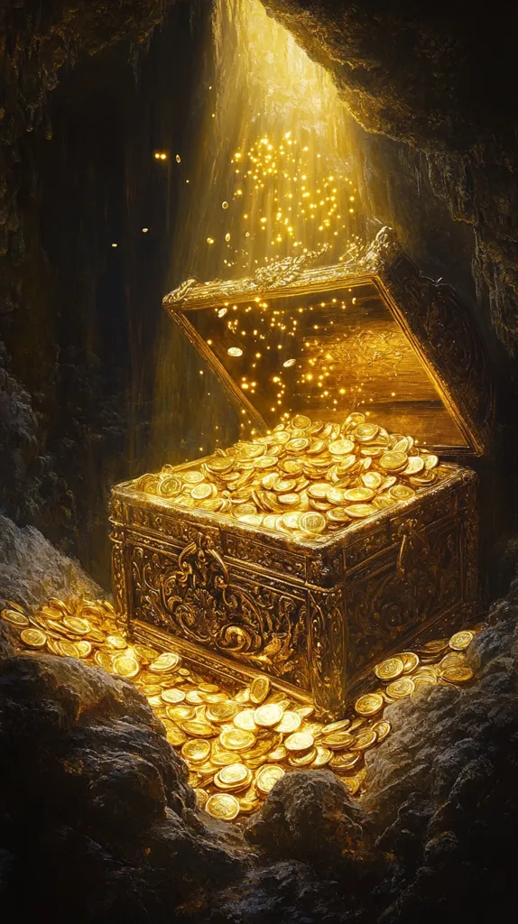 A breathtaking image depicts a treasure chest overflowing with gold coins nestled within a dark cave.  A beam of light illuminates the scene, highlighting the ornate chest and the glittering coins spilling out onto the rocky ground.  Magical golden particles float upwards, adding to the enchanting and mythical atmosphere. The scene evokes feelings of wonder and the allure of hidden riches.