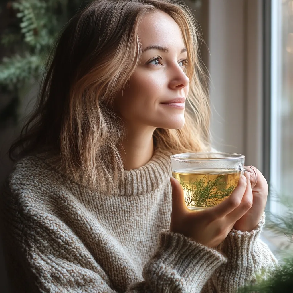 A young woman with long blonde hair sits by a window, wearing a beige knit sweater. She holds a clear glass mug filled with a light-colored herbal tea, a sprig of herb visible within.  Sunlight streams in from the window, illuminating her thoughtful expression as she gazes out, enjoying her warm drink. The overall atmosphere is peaceful and serene.
