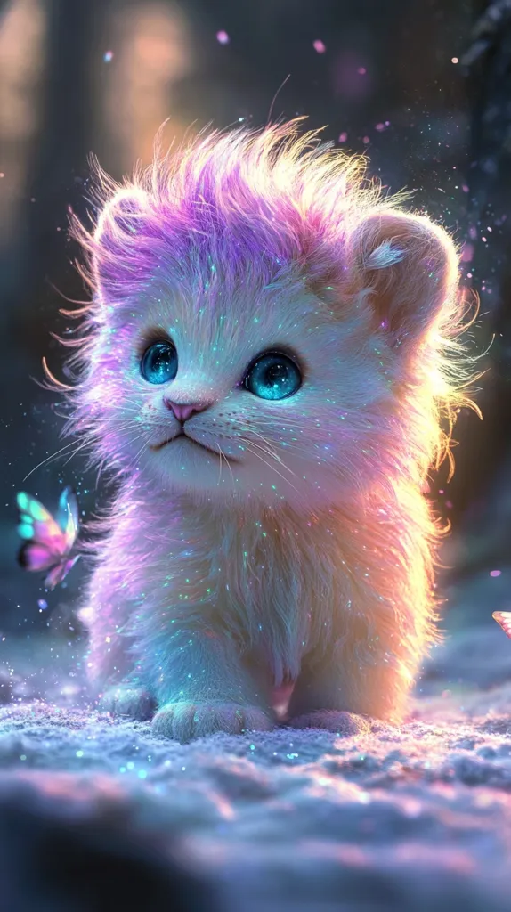 A digitally rendered image showcases a fluffy, white lion cub with vibrant, iridescent fur. Its fur glows with pastel hues of purple, pink, and blue, creating a magical ambiance.  The cub possesses bright blue eyes and sits in a snowy landscape, surrounded by sparkling particles.  A butterfly flits nearby, enhancing the fantastical nature of the scene.