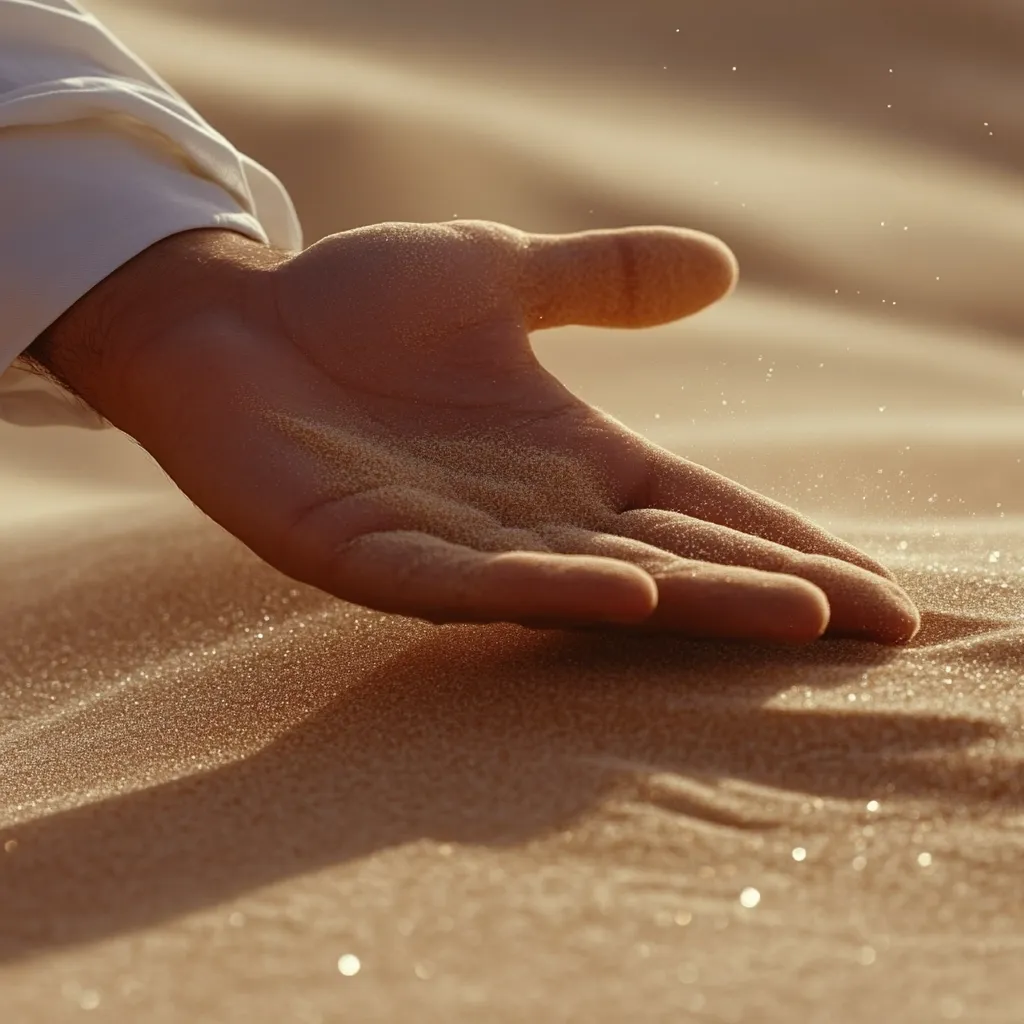 A hand, partially visible, rests gently on fine, light-brown sand.  The sand is illuminated by warm, golden light, creating a sparkling effect.  Particles of sand drift from the hand, suggesting a light breeze. The scene evokes a feeling of serenity and the vastness of a desert landscape.