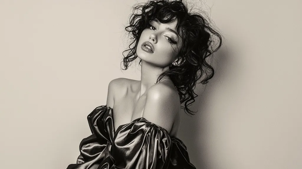 A black and white portrait of a woman with voluminous, curly hair. She is wearing an off-the-shoulder, dark-colored satin top with puffed sleeves. Her expression is confident and alluring, her gaze directed slightly away from the camera. The background is a simple, muted beige, drawing focus to the subject's striking features and elegant attire.  The overall mood is sophisticated and slightly mysterious.