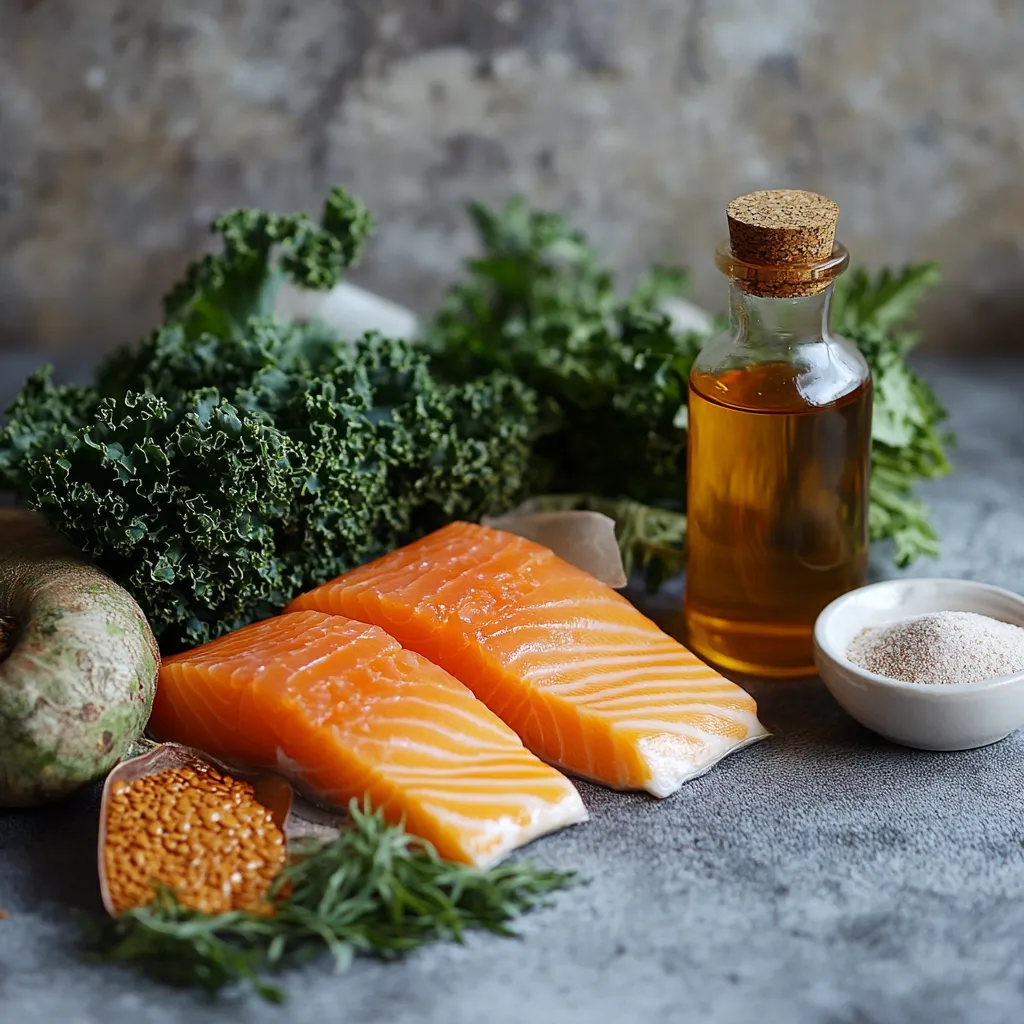 A healthy meal featuring two salmon fillets, vibrant green kale, flax seeds, and a small bottle of oil.  A small bowl of psyllium husk sits nearby. The ingredients are arranged on a grey surface, suggesting a focus on nutritious and wholesome food.  The overall tone evokes a sense of freshness and well-being.
