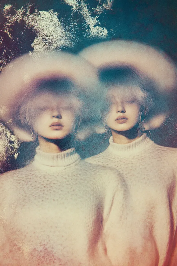 The image shows two women, seemingly twins, with short, light hair. They wear identical cream-colored turtleneck sweaters.  A dreamy, ethereal effect is created through a blurred, hazy filter, obscuring their features slightly. The background is a dark, textured teal with light gold flecks, adding to the surreal and dreamlike quality of the photograph.  The overall impression is one of mystery and soft beauty.