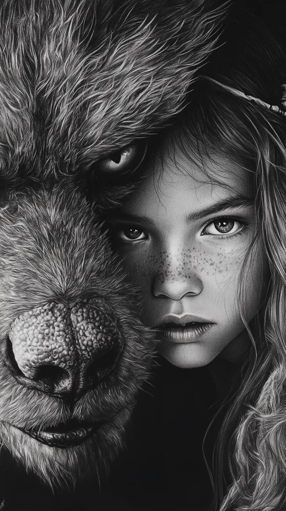 A striking black and white drawing depicts the face of a young girl, half obscured by a wolf's head.  The girl's freckled face and serious expression contrast with the wolf's intense gaze.  The detailed rendering of fur and hair creates a sense of depth and intimacy, suggesting a connection between the girl and the wild animal. The overall mood is one of mystery and powerful connection.