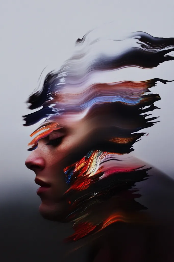 A stylized portrait of a person, their face partially obscured by vibrant, swirling strokes of color. The paint-like texture blends with the features, creating a surreal and dreamlike effect.  The colors are rich and varied, ranging from deep blues and blacks to fiery oranges and reds. The overall impression is one of motion and transformation.