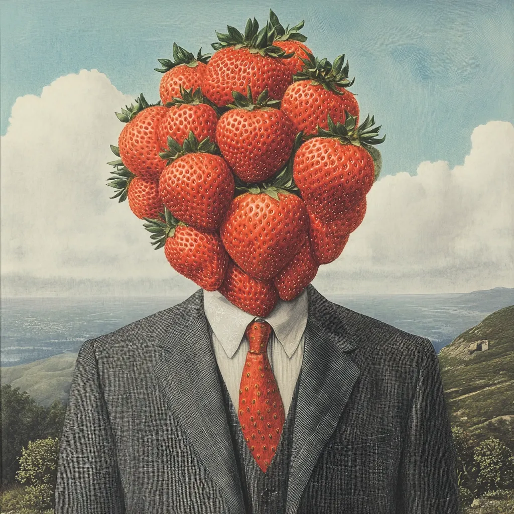 A surreal image depicts a man in a gray suit and red tie.  His head is replaced by a cluster of ripe, red strawberries, their green leaves still attached.  The backdrop is a serene landscape with a hazy blue sky, rolling hills, and a distant ocean. The overall style is reminiscent of  surrealist art, juxtaposing the ordinary with the unexpected.
