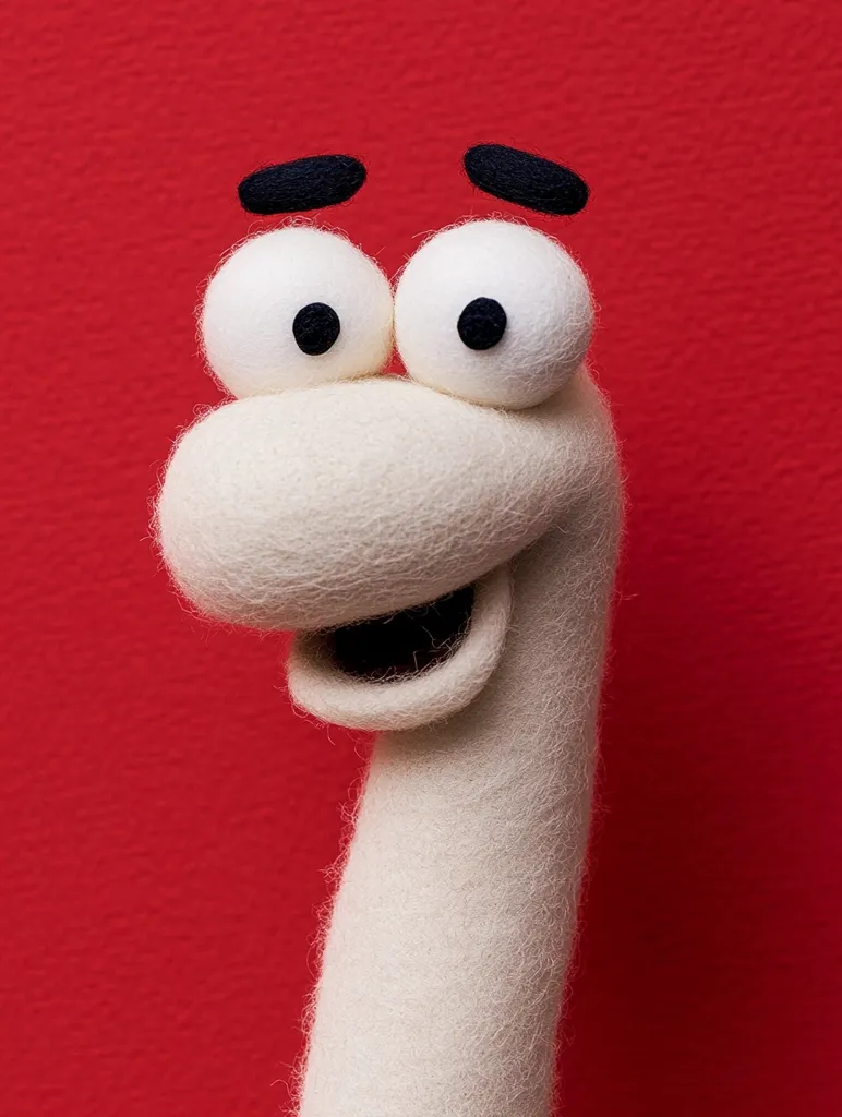 Close-up of a whimsical felt puppet with a long neck, large round eyes, and a simple open mouth.  The puppet's features are crafted from felt in off-white and black against a vibrant red background.  The texture of the felt is clearly visible, giving the puppet a soft and friendly appearance.