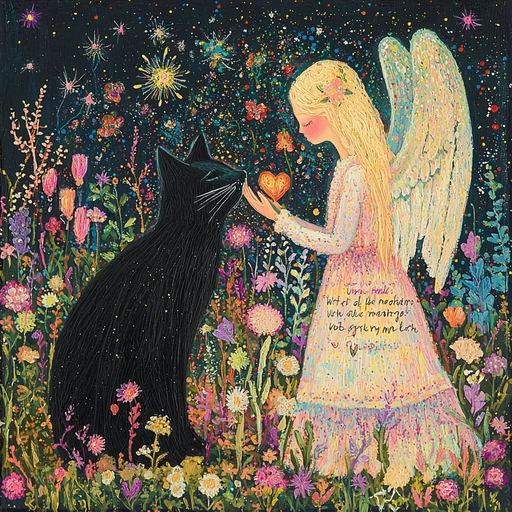 A whimsical painting depicts an angel-like girl with blonde hair and wings, gently offering a golden heart to a black cat.  They stand amidst a vibrant, blooming garden filled with colorful flowers and sparkling lights against a dark night sky. The scene evokes a feeling of magical connection and gentle kindness between the girl and her feline companion.  A short poem is inscribed on the girl's dress.
