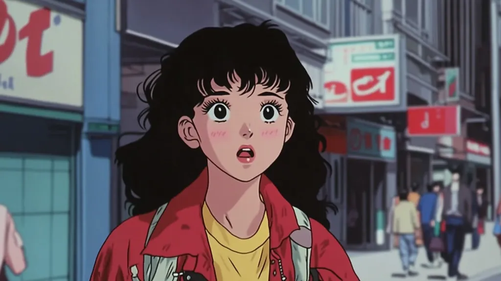 A young woman with dark, wavy hair and expressive eyes is depicted in an anime style.  She's wearing a red jacket over a yellow shirt and appears surprised or concerned. The background shows a bustling city street in Japan, with shops and pedestrians blurring in the background, creating a vibrant and atmospheric setting. The overall style is reminiscent of classic 80s or 90s anime.