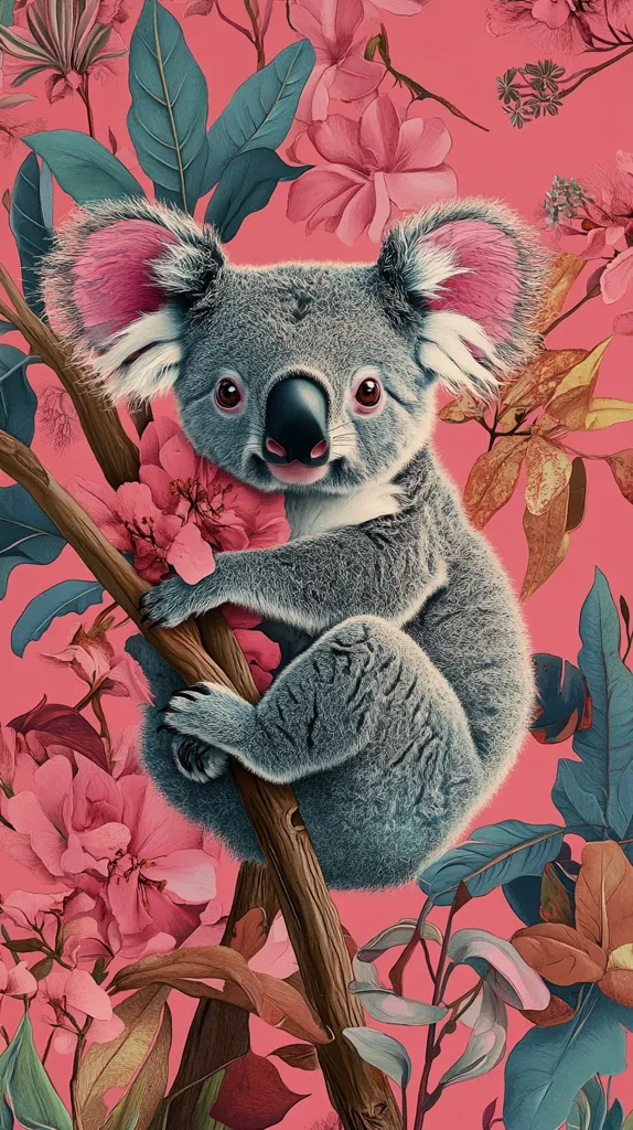 A koala sits on a branch amidst a vibrant coral-pink floral backdrop.  The koala's fur is a grayish-blue, contrasting with its pinkish inner ears.  Large, pink blossoms and lush, teal leaves surround the koala, creating a striking and whimsical image. The style is reminiscent of botanical illustration, with a detailed rendering of both the animal and flora.
