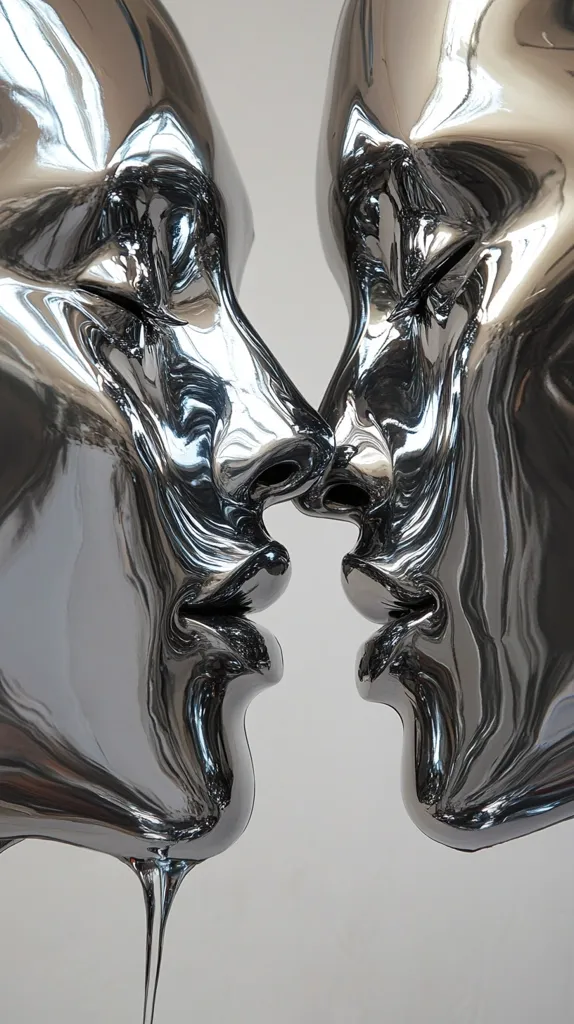A close-up shot of a modern sculpture depicting two faces in a kiss. The faces are rendered in highly polished, reflective chrome, creating a mesmerizing interplay of light and shadow. The smooth, flowing lines suggest a sense of fluidity and intimacy, while the metallic surface adds a cool, contemporary aesthetic. The sculpture's reflective quality distorts and multiplies the surrounding space.