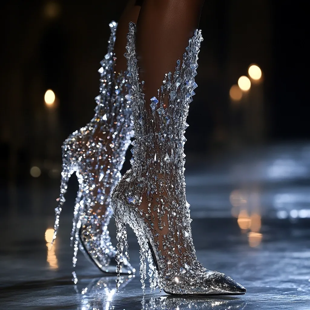 A pair of stunning, high-heeled boots are showcased, completely encrusted with crystals.  The intricate design features cascading crystal embellishments, creating a dazzling, almost ethereal effect.  The boots are sheer, revealing the model's leg, and possess a pointed toe. The background is blurred, focusing attention on the exquisite footwear.
