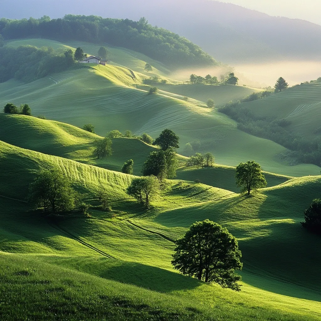 Rolling green hills stretch to the horizon under a soft, hazy light.  Scattered trees dot the landscape, their shadows long in the morning sun. A small farmhouse sits atop one of the gentle slopes, nestled amongst the vibrant greenery. The scene evokes a sense of tranquil rural beauty and pastoral serenity.