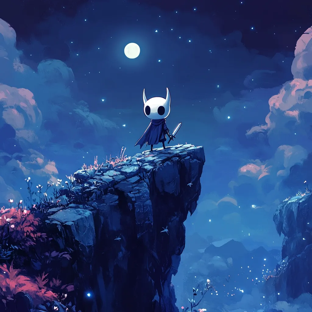 A solitary knight, reminiscent of the Hollow Knight, stands on a precipice under a serene night sky.  The character, small and pale, holds a sword, gazing out over a vast, dreamlike landscape.  A full moon hangs high, illuminating the clouds and the sparse, delicate flora clinging to the rocky outcrop. The scene is rendered in a soft, painterly style with a calming blue palette.