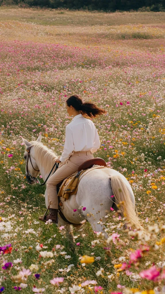 A woman in a white shirt and beige pants rides a white horse through a vibrant field of wildflowers.  The flowers are a mix of pinks, purples, and whites, creating a colorful and idyllic scene. The woman's hair flows behind her as she sits astride the horse, enjoying the tranquil beauty of the countryside. The overall mood is peaceful and serene.