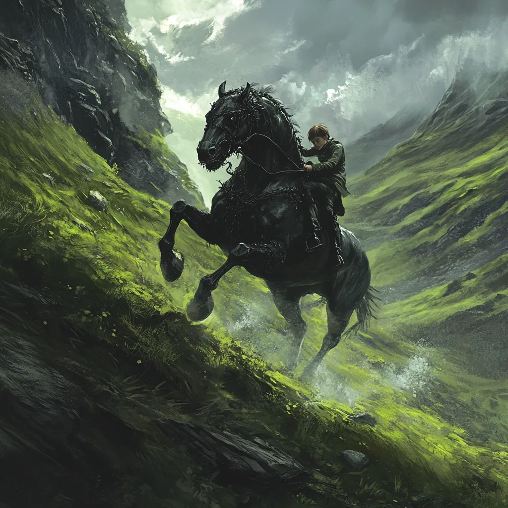 A lone rider on a powerful black horse gallops down a steep, verdant hillside. The horse, adorned with dark, possibly metal, accents around its head, is depicted mid-stride, hooves churning the damp earth. The rider, dressed in dark clothing, grips the reins tightly.  Towering mountains flank the path, creating a dramatic and atmospheric scene, conveying a sense of urgency and adventure.  The overall mood is dark and moody, with a hint of fantasy.
