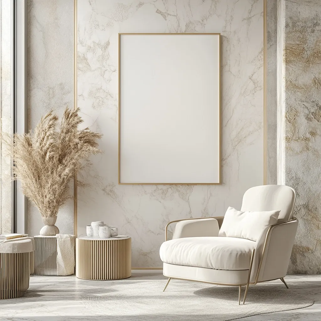 A modern, minimalist living space features a large, blank canvas in a gold frame against a marble wall.  A plush, off-white armchair with gold legs sits near a round, ribbed side table.  A tall vase of pampas grass adds a touch of natural texture.  The overall aesthetic is luxurious and serene, with a calming neutral color palette.  Subtle sunlight illuminates the scene.