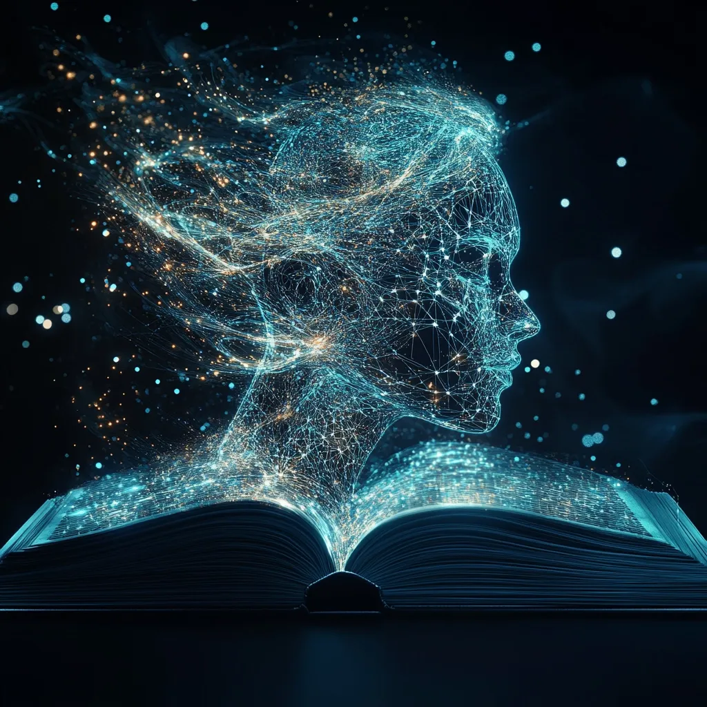 A digital rendering depicts a woman's face emerging from an open book.  The face is constructed of glowing interconnected nodes and lines, with shimmering particles flowing from her hair. The book itself is also illuminated with a similar ethereal glow, suggesting knowledge, imagination, or the power of stories. The dark background enhances the image's mystical and futuristic feel.