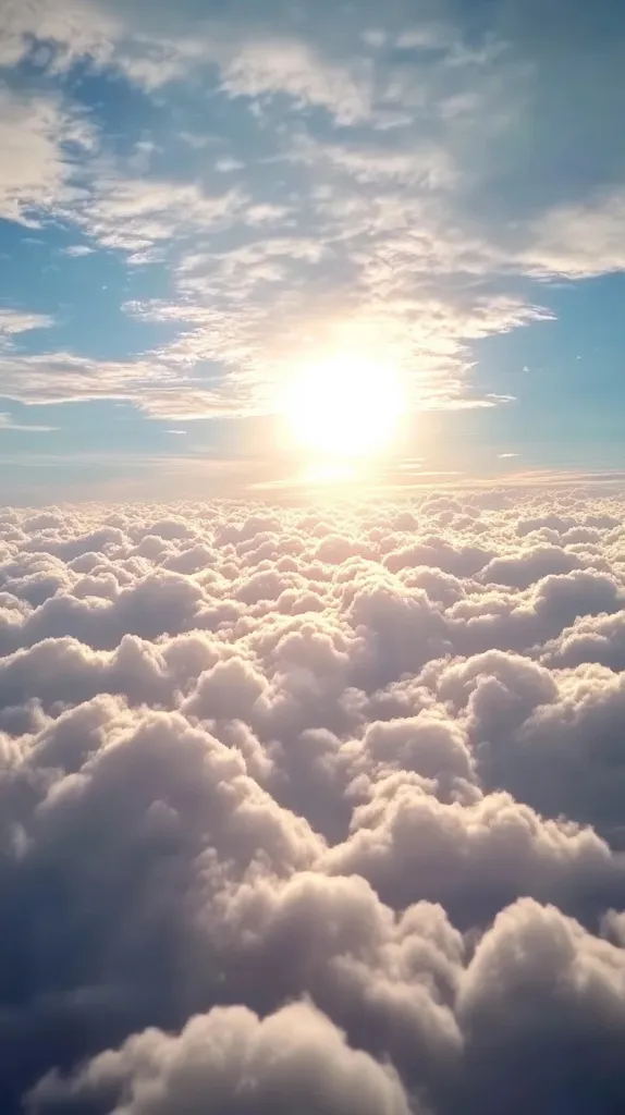 A breathtaking aerial view of a vast expanse of fluffy white clouds stretching to the horizon. The sun, a radiant orb, shines brightly above, casting a warm golden glow upon the cloudscape.  The sky is a serene blend of blue and soft pastel hues, creating a peaceful and awe-inspiring scene.  The image evokes a sense of tranquility and boundless freedom.