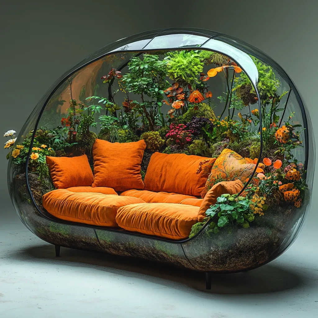 An orange couch sits nestled within a transparent, ovular enclosure filled with lush greenery.  Various plants and flowers thrive around the sofa, creating a miniature indoor garden. The design is modern and unique, offering a blend of comfortable seating and vibrant botanical life.  The overall effect is a striking and innovative piece of furniture art.