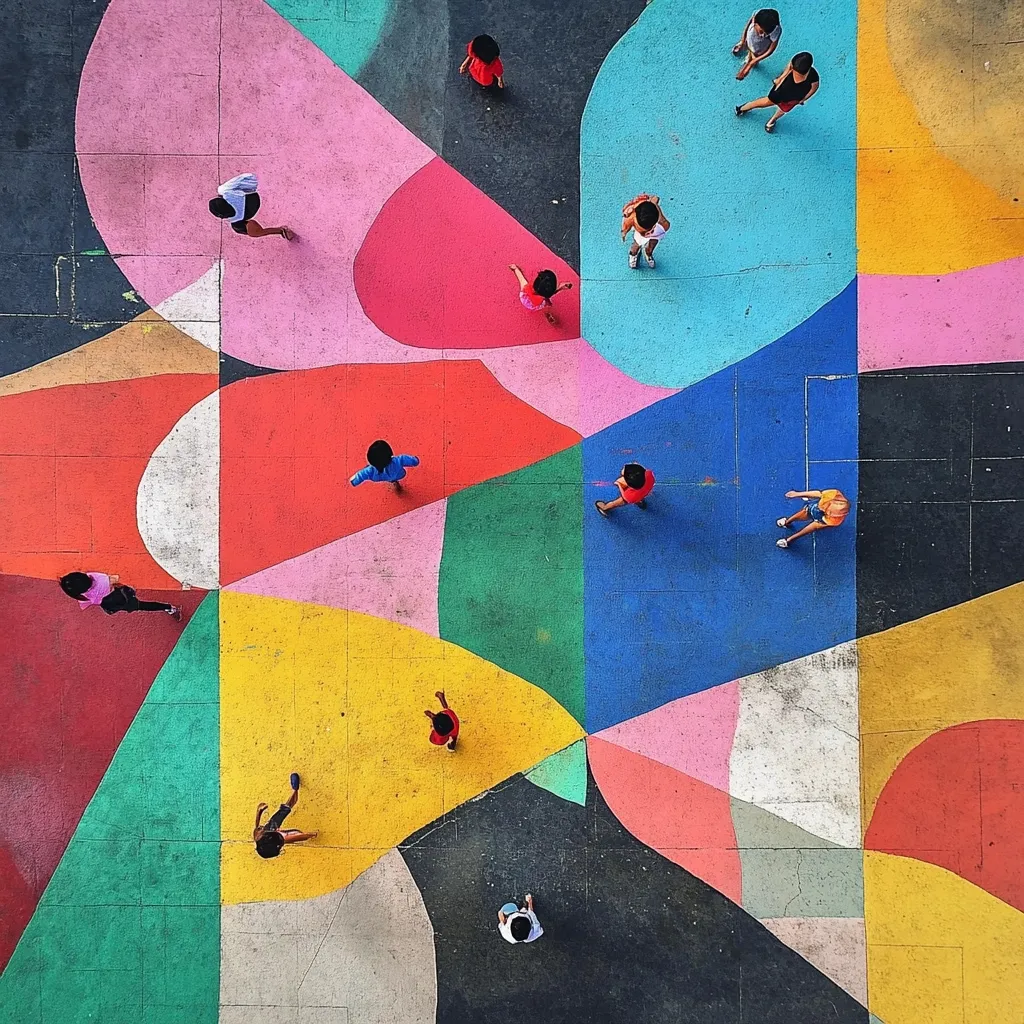 An aerial view captures children and adults scattered across a vibrant, geometrically patterned playground.  Bold splashes of pink, red, yellow, green, and blue paint dominate the surface, creating a striking contrast against the figures in their dark clothing. The composition is playful and dynamic, showcasing the interaction between the human element and the abstract artwork beneath.