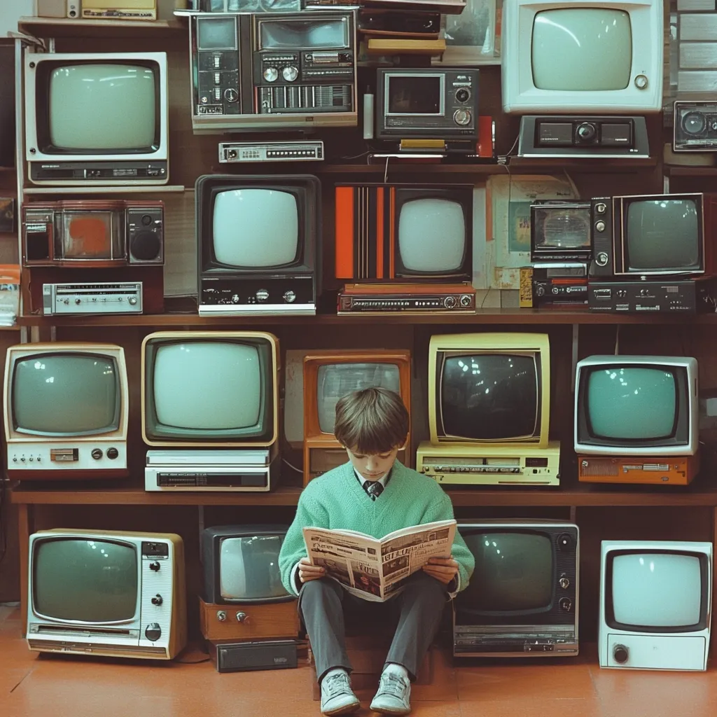 A young boy sits on the floor before a wall of vintage televisions and stereo equipment.  He's engrossed in reading a newspaper, surrounded by a nostalgic collection of retro electronics. The scene evokes a feeling of bygone eras and technological history.  The numerous screens and devices create a visually striking and dense backdrop.