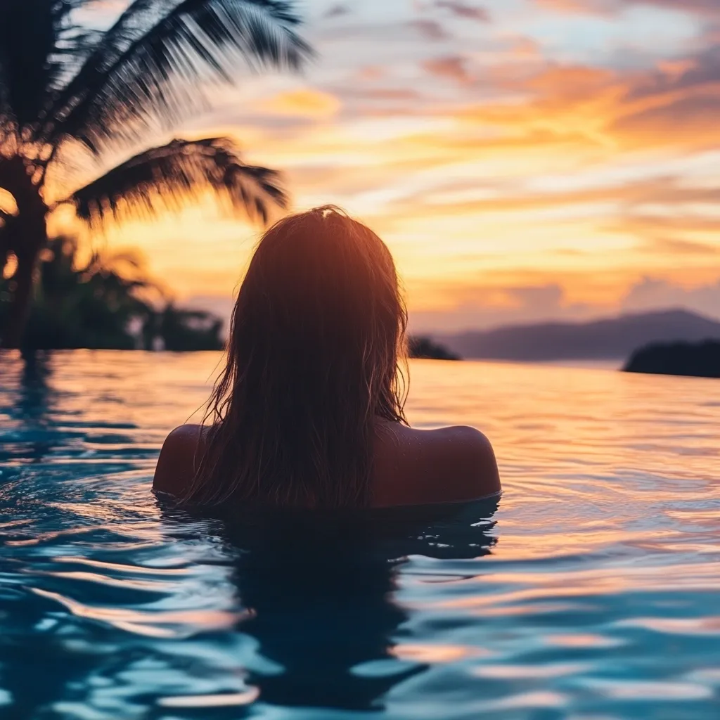 A woman with long hair sits submerged in an infinity pool, her back to the camera.  The setting sun casts a warm, orange glow across the water and a distant landscape. Palm trees are silhouetted against the vibrant sky. The scene evokes a sense of tranquility and serene beauty.