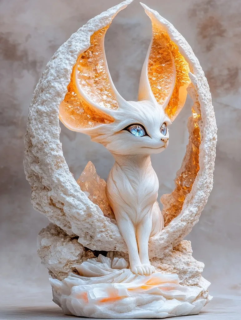 A captivating sculpture depicts a fantastical creature, resembling a fennec fox, perched within a crescent moon-shaped formation.  The creature's large ears are intricately detailed with golden, crystalline accents, complementing its luminous blue eyes and creamy white fur. The base is textured, mimicking a rocky, crystalline landscape, enhancing the ethereal and magical quality of the piece.  The overall effect is one of serene beauty and otherworldly charm.
