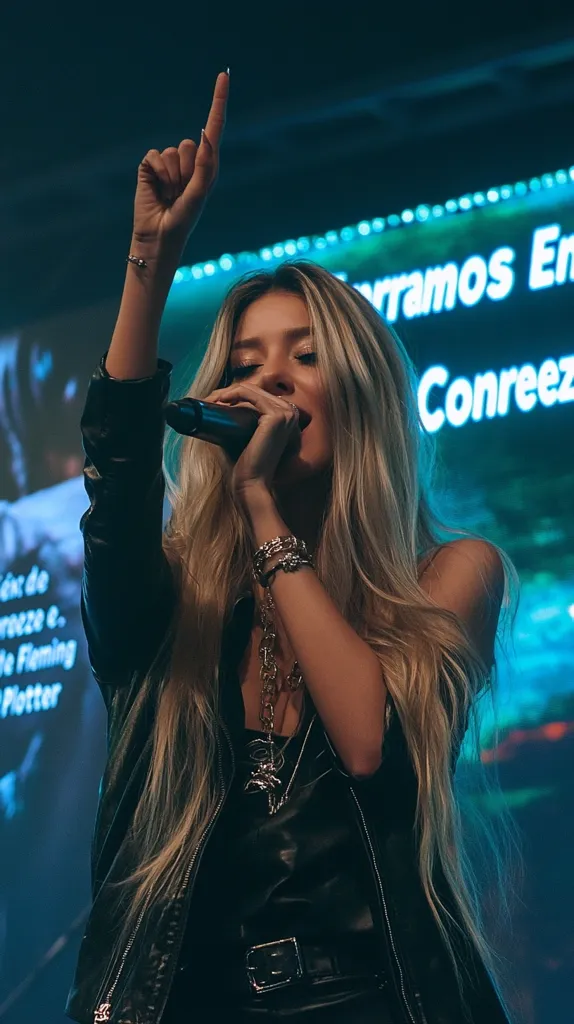 A female singer with long blonde hair, wearing a black leather jacket, performs on stage.  She holds a microphone and sings passionately, one hand raised. The background features bright teal-blue lighting and partially visible lyrics on a screen.  Her expression is focused and intense, showcasing her connection to the music.  She wears several silver necklaces and bracelets.