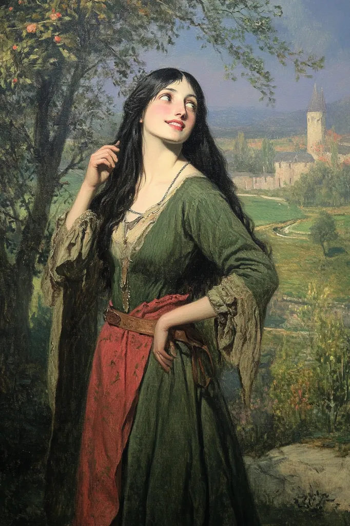 A painting of a young woman with long dark hair, wearing a long green dress with a red sash and brown belt. She stands in a verdant landscape, gazing towards a distant village with a church spire.  The woman's expression is serene and her posture graceful.  The style suggests a Romantic or Pre-Raphaelite influence. The overall mood is peaceful and idyllic.