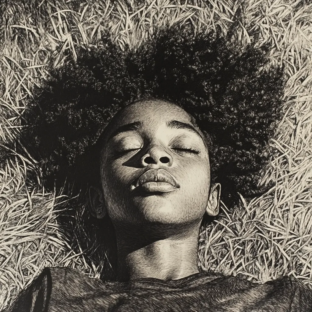 A meticulously detailed black and white pen-and-ink drawing depicts a young Black girl lying serenely in tall grass.  Her eyes are closed, and her large afro frames her peaceful face. The artwork showcases fine lines creating a striking contrast between the girl's features and the texture of the surrounding grass, evoking a sense of tranquility and natural beauty.